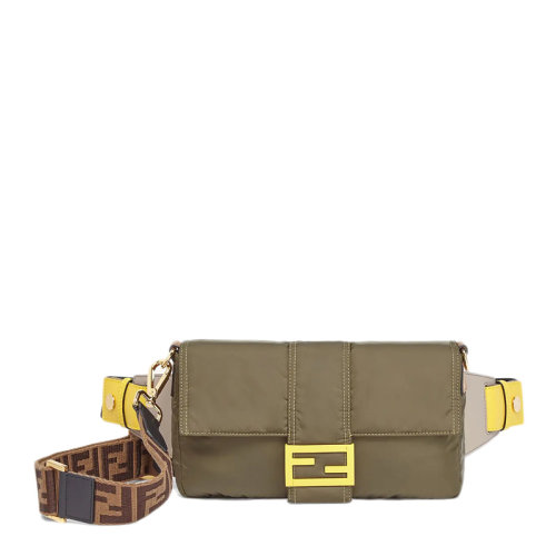 FENDI/芬迪 男士绿黄卡其拼色尼龙经典双F提花徽标装饰磁扣开合单肩包斜挎包胸包腰包男包 7VA472-AD1I-F1BHW