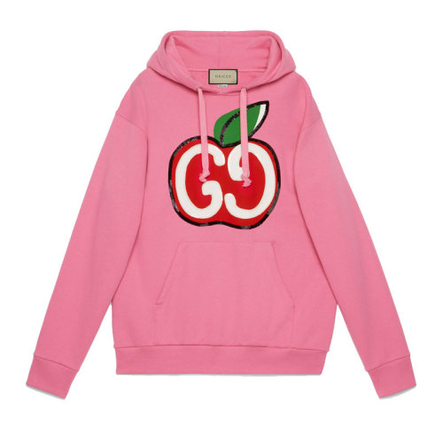 GUCCI/古驰 女装 品牌双G字母LOGO 苹果图案 女士粉色棉质长袖连帽秋冬卫衣 610160XJCCK5412