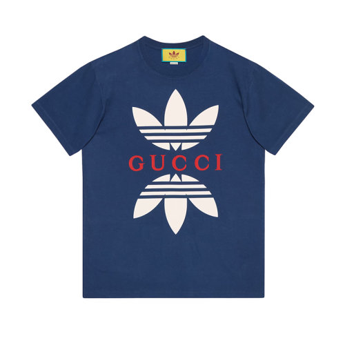 GUCCI/古驰 22年秋冬新款 adidas联名系列 男士蓝色纯棉三叶草印花短袖T恤548334XJEMJ4622