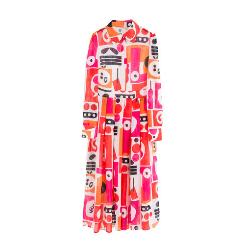 GeleiStory/GeleiStory 春夏新品 明星同款衬衫领单排扣几何印花中长款花色修腰连衣裙女装＞女士裙装＞女士连衣裙