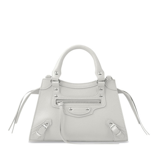 Balenciaga/巴黎世家 NEO CLASSIC系列 女士迷你白色粒面小牛皮复古银色饰面单肩斜挎手提包63852415Y4Y9016