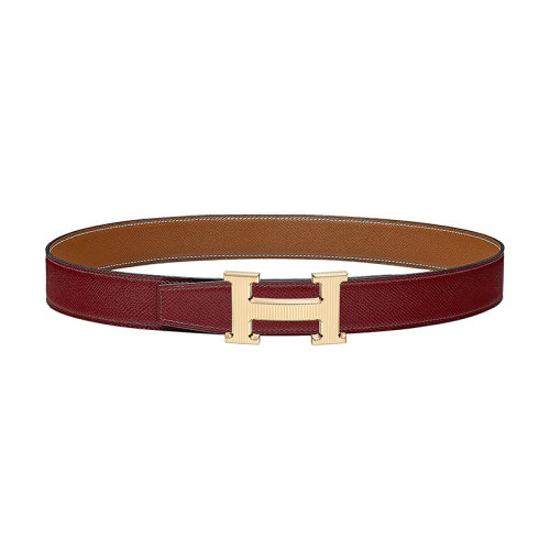 HERMES/爱马仕 红H /金小牛皮 条纹金属镀金皮带扣 女士双面皮带 32毫米H064550CC06/H075394CAAC090