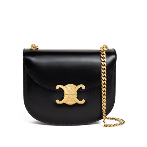 CELINE/赛琳 22新款TEEN BESACE TRIOMPHE系列 女士黑色皮革凯旋金扣金链单肩斜跨包110973BF4.38NO