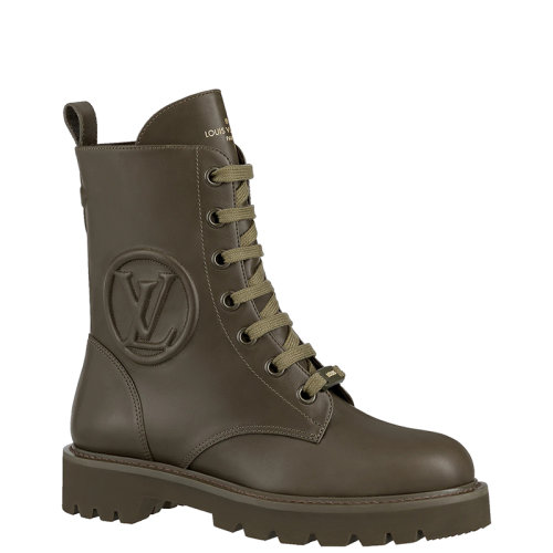 Louis Vuitton/路易威登 22年早春新款 TERRITORY系列 女士卡其绿色小牛皮浸漆效果LV Circle压花马丁靴中筒靴1A94RE