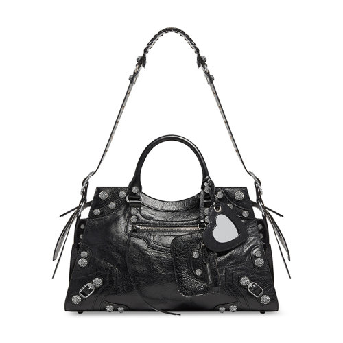 Balenciaga/巴黎世家 22新款 NEO CAGOLE CITY系列 女士黑色小羊皮复古银色饰面水钻梯形拉链开合拆卸心形镜子拉链口袋徽标压花编织手柄手提包700451210BK1000