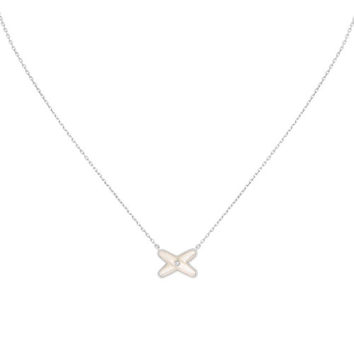 Chaumet/尚美 经典Jeux de Liens 饰有珍珠贝母和钻石X形吊坠18K金白金项链 083161