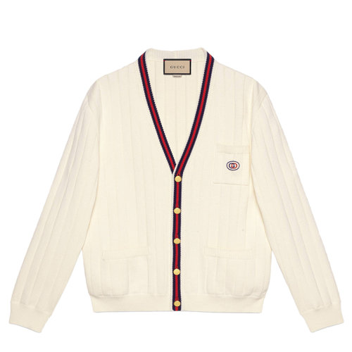 GUCCI/古驰 21年早秋新款 男士象牙色织带棉质针织V领开衫654984XKBUR9182