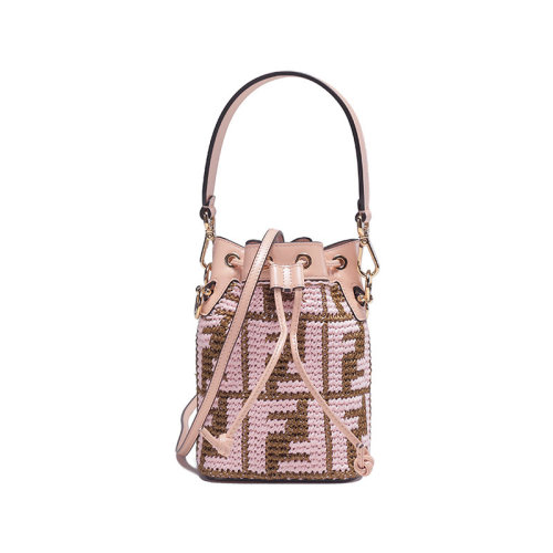 FENDI/芬迪 【22春夏新款】 女士MON TRESOR系列织物配皮钩编拉菲草手提单肩斜挎包抽绳包水桶包FF图案 8BS010 AJH3