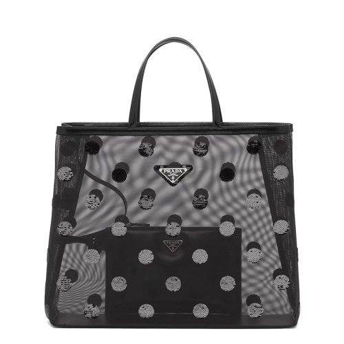 PRADA/普拉达  女士黑色织物材质皮革提手波尔卡圆点图案金属徽标网眼手提托特包1BG416_2DZ9_F0002_V_OOO