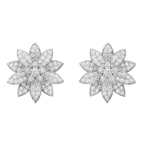 Van Cleef & Arpels/梵克雅宝 经典Lotus系列 18k金白金镶嵌钻石满钻中号莲花耳环VCARO96C00