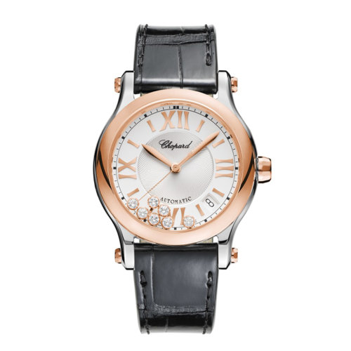 Chopard/萧邦 Happy Sport系列精钢和玫瑰金自动机械鳄鱼皮表带女士镶钻腕表36毫米278559-6001