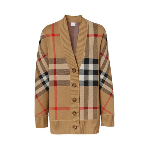 BURBERRY/博柏利 女士米色涤纶混纺羊毛复古格子图案V领开衫针织衫 8039153