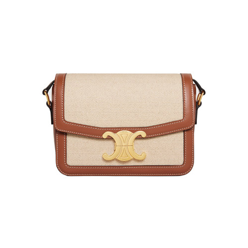 CELINE/赛琳 23春夏新款 女士自然色/棕褐色织物配皮金色金属搭扣翻盖开合单肩斜挎包188882EGC.02NT