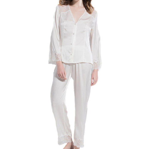 GeleiStory/GeleiStory 真丝睡衣女夏长袖长裤两件套白色蕾丝春秋桑蚕丝家居服套装女装>女士睡衣/家居服>女睡衣/家居服