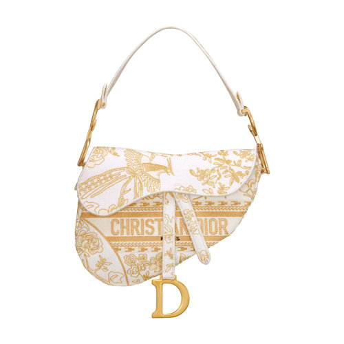 DIOR/迪奥 23新款 女士白色帆布金色金属线刺绣字母标志马鞍形翻盖磁性D形环扣开合单肩斜挎手提马鞍包M0446CMFH_M981