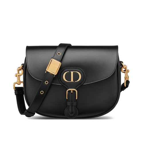 DIOR/迪奥 BOBBY系列 黑色滑面小牛皮金扣翻盖中号斜挎单肩马鞍包M9319UMOL_M900