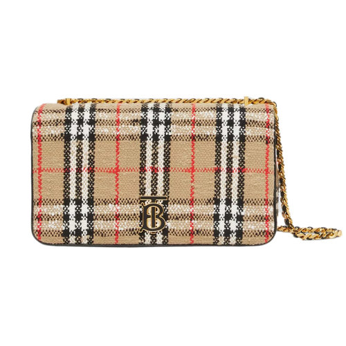 BURBERRY/博柏利 22新款 Lola Vintage系列 女士中号棕色圈圈棉/羊毛混纺格纹图案翻盖磁扣开合抛光金属单肩斜挎包80630821