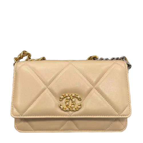 CHANEL/香奈儿 19bag系列 19手袋 米色链条woc包 羊皮革金银拼色链条手提斜跨单肩包