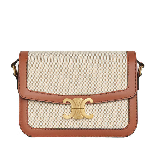 CELINE/赛琳 2020春夏新款TRIOMPHE系列 中号米色编织帆布滚边棕色小牛皮金扣单肩包 CELG446BBRWZZZZZ00