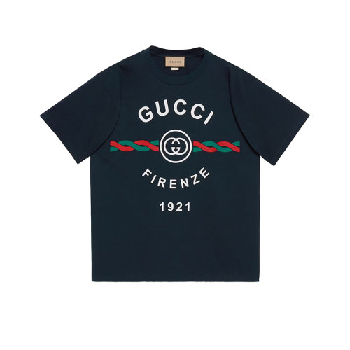 GUCCI/古驰 22年春夏新款 男士深蓝色纯棉Firenze 1921印花短袖T恤616036XJD7T4795