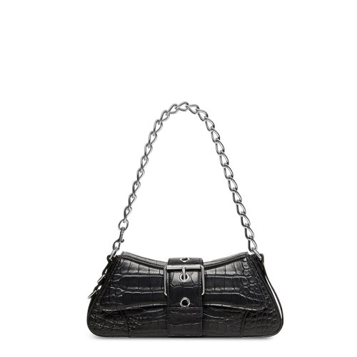 Balenciaga/巴黎世家 22新款 女士小号黑色小牛皮鳄鱼压纹LINDSAY饰银色配件翻盖单肩手提包701141210C91000