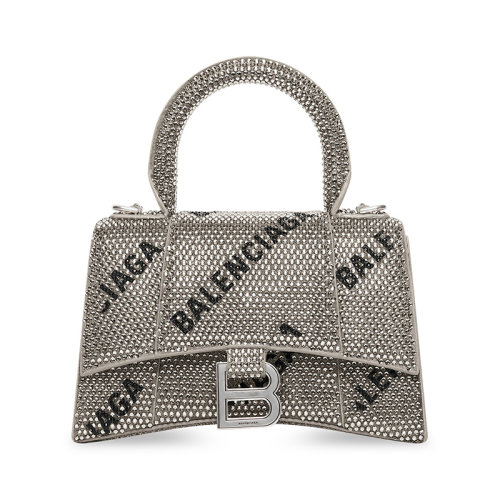 Balenciaga/巴黎世家 22新款 HOURGLASS MODEL XS系列 女士银色/黑色绒面小牛皮饰有通体水钻徽标做旧银色饰面拆卸调节肩带肩背手提包706836210FK8160