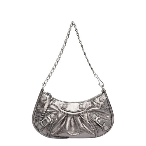 Balenciaga/巴黎世家 22春夏新款LE CAGOLE系列 女士迷你银色小羊皮复古银扣链式饺子型单肩包 6958140GT3Y8103