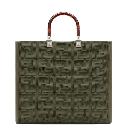 FENDI/芬迪 SUNSHINE系列 女士中号绿色FF布料玳瑁壳效果硬质树脂玻璃手柄单肩手提包8BH386AHWCF0GVX