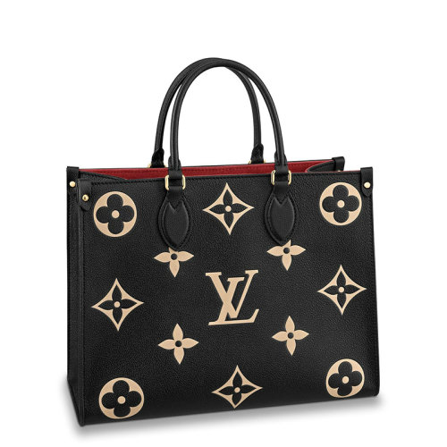 Louis Vuitton/路易威登 经典款ONTHEGO系列 女士中号黑色/米白色双色老花压纹粒面皮革单肩手提托特包M45495