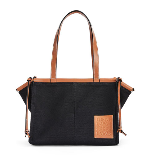 LOEWE/罗意威 20  Cushion Tote系列 女士小号黑色/棕褐色帆布小牛皮单肩手提托特包0010576148