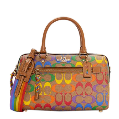 COACH/蔻驰 女士卡其色PVC配皮经典双C彩虹字母徽标印花装饰拉链开合单肩包手提包波士顿包桶包女包 C4396IMMU4