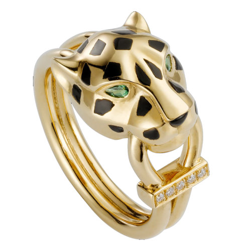 CARTIER/卡地亚 PANTHèREDE系列 黄金黑漆石榴石镶嵌钻石猎豹戒指B4096700