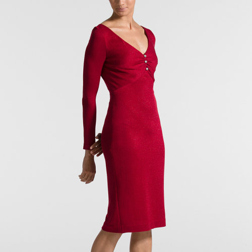 St.John/盛蔷复古休闲显瘦V领长袖针织女士连衣裙K12X022