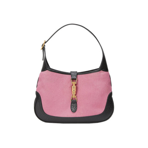 GUCCI/古驰 23春夏新款 Jackie 1961系列 女士小号粉红色皮毛配黑色皮革金色饰面柱塞开合单肩包636706AAA1C6641