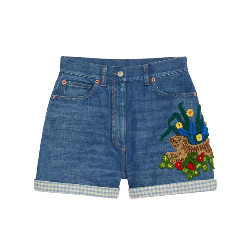 GUCCI/古驰 22年早春新款 中国新年系列 女士蓝色棉质混纺丹宁面料老虎和花朵刺绣牛仔短裤热裤?683732XDBV74447