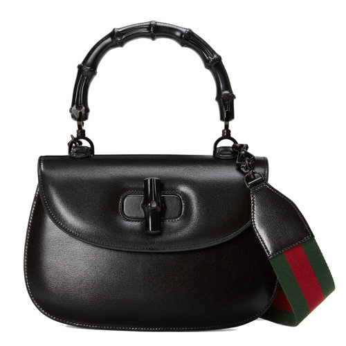 GUCCI/古驰 女士中号黑色皮革附织带和皮革互换肩带竹节手柄单肩手提包672610ODP1060