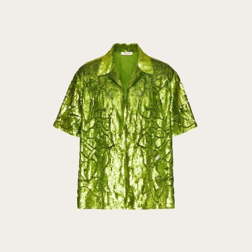  VALENTINO华伦天奴 22年秋冬 男士 短袖衬衫 CHEMISE BOWLING EN NYLON A_VEC PAILLETTES ET B