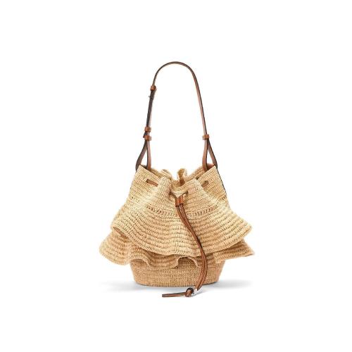  LOEWE罗意威 22年秋冬 女士 单肩包 Balloon Ruffles bag in raffia and calfskin A710P83X02-