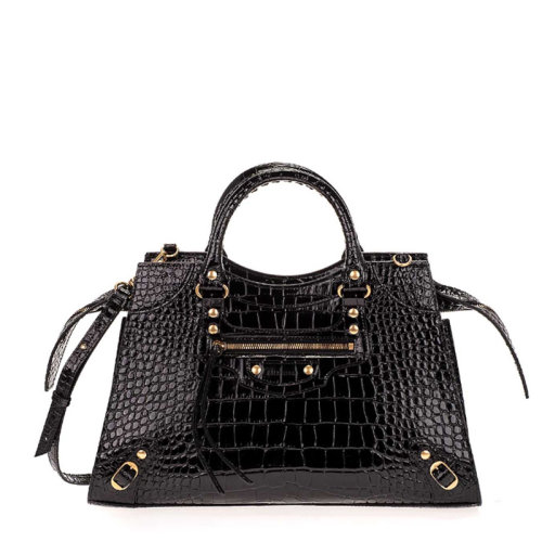 Balenciaga/巴黎世家  女士黑色鳄鱼印花牛皮手提包单肩包女包6549071ROD11000