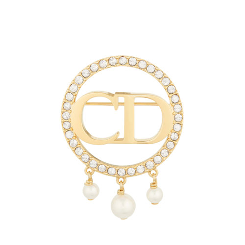 DIOR/迪奥 22新款CLAIR D LUNE系列 女士金色饰面金属白色树脂珠饰银色调仿水晶装饰CD圆形胸针V0940CDLCY_D03S
