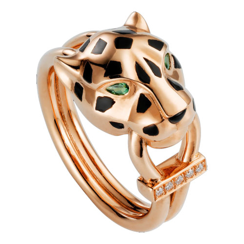 CARTIER/卡地亚 PANTHèREDE系列 玫瑰金石榴石玛瑙黑漆钻石猎豹戒指B4221400