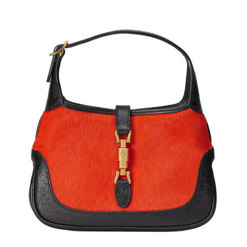 GUCCI/古驰 22新款Jackie 1961系列 女士迷你橘色小牛毛配黑色皮革滚边金扣单肩斜挎手提包637092AAA1C7545