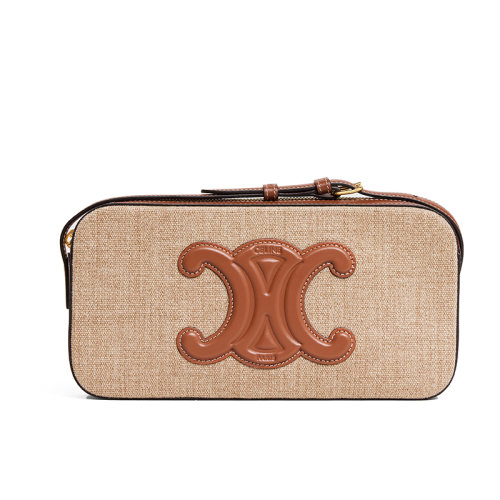 CELINE/赛琳 22新款CUIR TRIOMPHE系列 女士米色/褐色皮革帆布开合饰徽标单肩斜挎相机包199182EG1.02ET