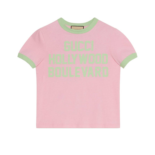 GUCCI/古驰 22年春夏新款 爱的进行曲系列 女士粉色纯棉日落棕榈树印花短袖T恤695816XJED45904