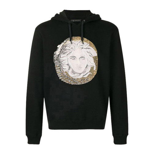 VERSACE/范思哲 男士黑色棉质混纺聚酯纤维经典美杜莎头像装饰长袖上衣卫衣连帽衫运动衫套头衫 A80434-A226514-A008