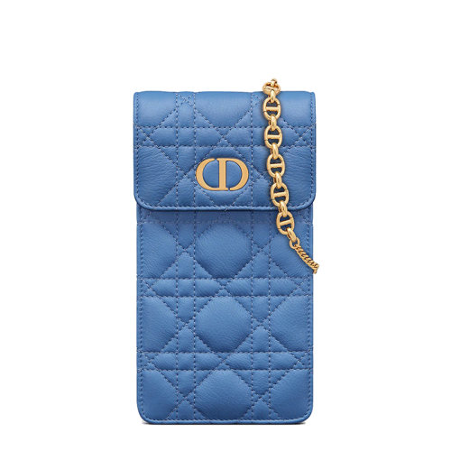 DIOR/迪奥 22春夏新款CARO系列 女士矢车菊蓝柔软牛皮革藤格纹金扣金链斜跨单肩手机袋S5105UWHC_M03Z