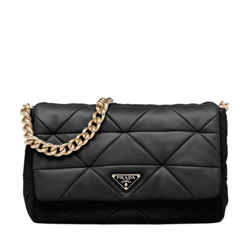 PRADA/普拉达 22年新款Prada System系列 女士黑色拼缝软羊革珐琅三角扣金链配可拆卸的迷你小袋单肩斜跨手提链条包1BD291_2DMO_F0002_V_L9O