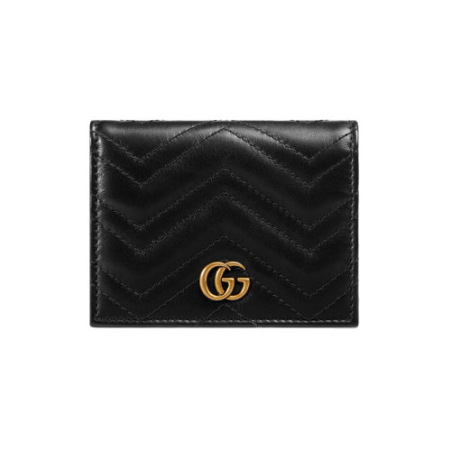 GUCCI/古驰 GG Marmont card黑色缝皮革卡夹对折短款多功能钱包 466492DTD1T1000