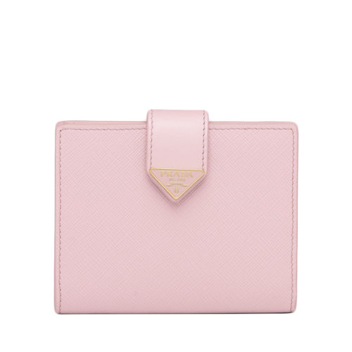 PRADA/普拉达 22春夏新款 女士小号雪粉色皮革徽标压纹珐琅金扣钱包1MV204_2DYG_F0E18