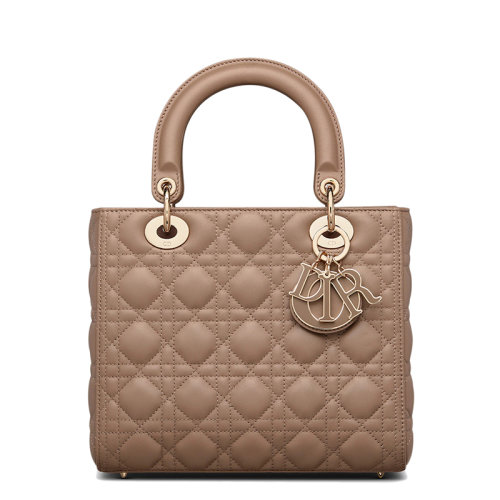 DIOR/迪奥  LADY DIOR系列 女士中号灰褐色棱纹小羊皮单肩斜挎手提戴妃包M0565OCEA_M45M